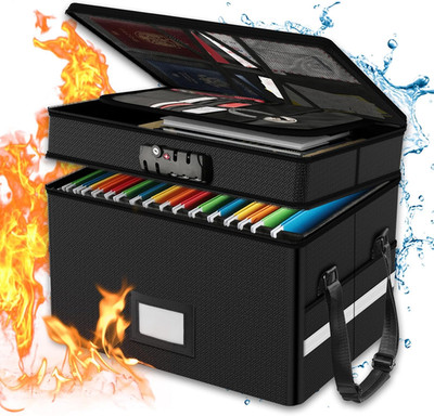 Fireproof Document Box with Lock, 2 Layer Fire Proof File Box for Documents with