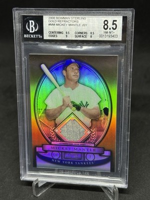 BGS 8.5 2008 Bowman Sterling Mickey Mantle Gold Refractor Game Used Jersey /50