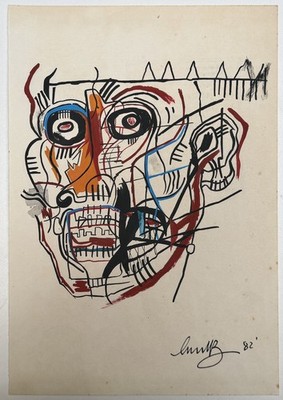 Jean-Michel Basquiat Drawing on old paper (Handmade) signed and stamped artwork