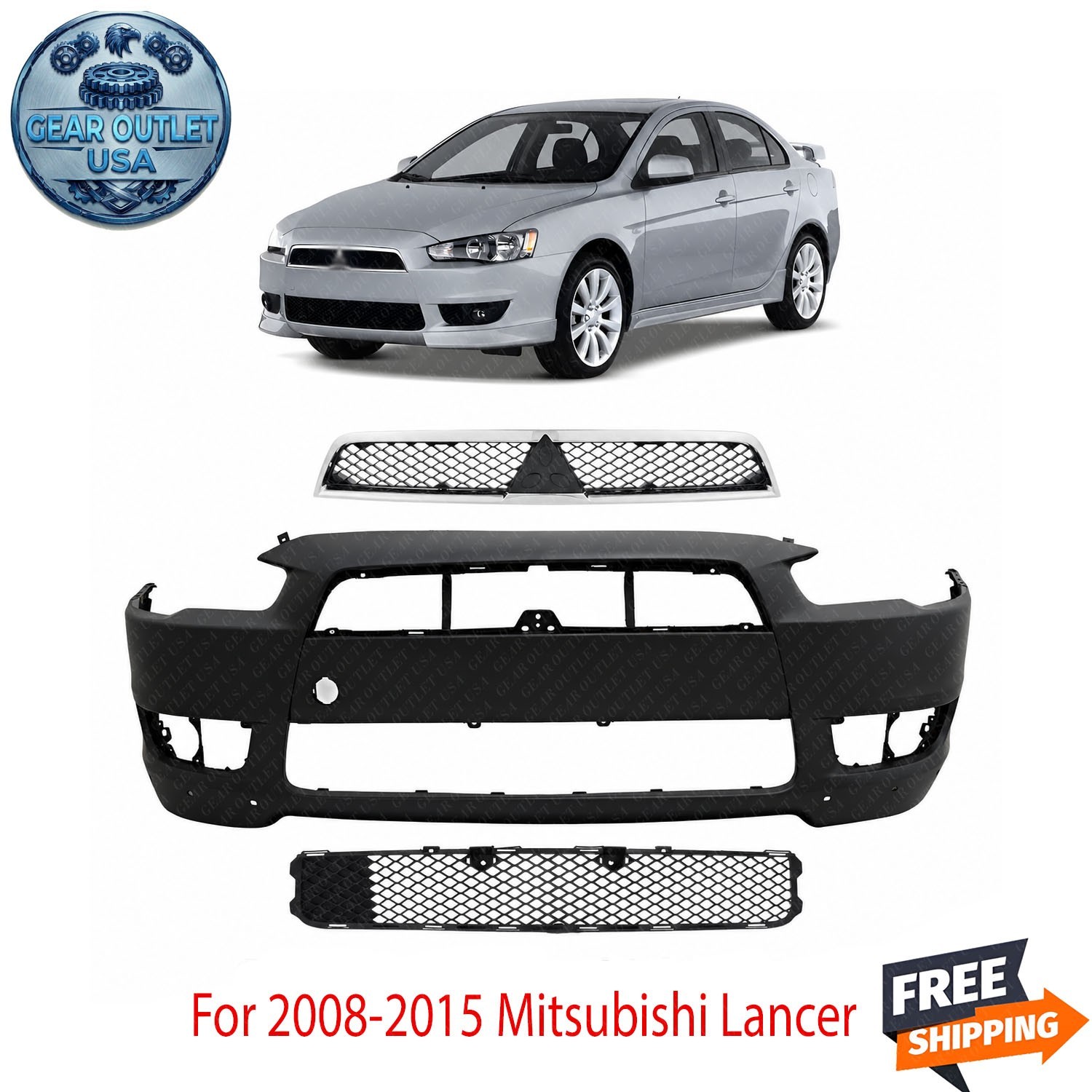 New Front Bumper Cover & Grille Assembly Kit For 2008-2015 Mitsubishi Lancer
