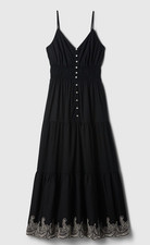 NEW Gap Womens Tiered Maxi Dress MEDIUM Black Embroidered Cotton Boho Cinched