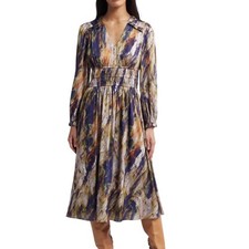 Julia Jordan Dress Sz 6 Boho Romantic Watercolor Midi Faux Wrap Smocked