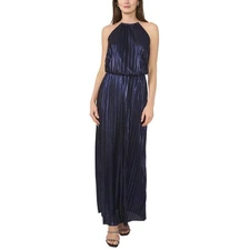 Msk Petite Pleated Metallic Halter Sleeveless Gown - Navy - 6P