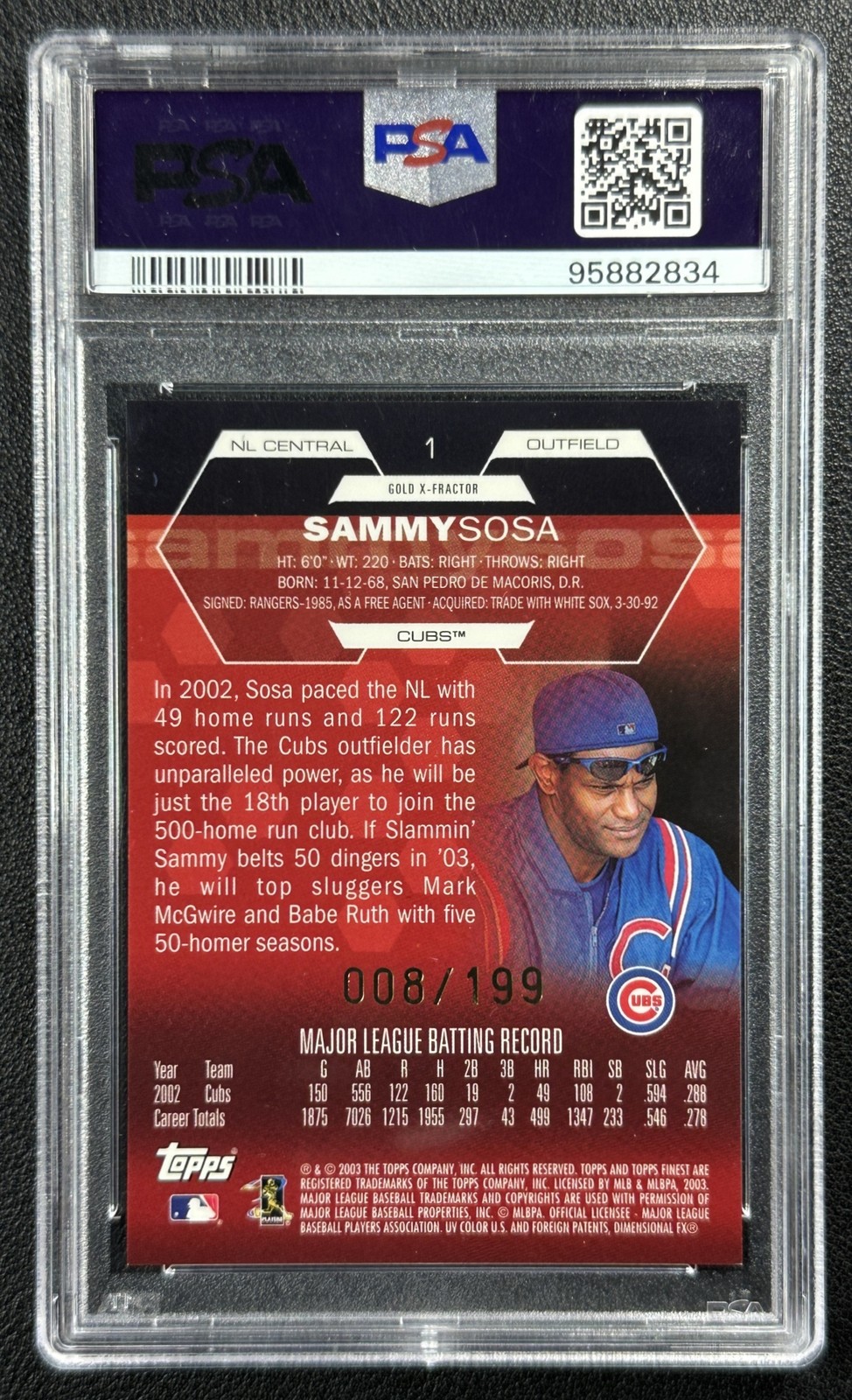 SAMMY SOSA PSA 9 2003 TOPPS FINEST #1 GOLD X-FRACTOR 008/199 CUBS view 2