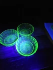 3 Vintage Hazel Atlas Uranium Green 4” Ribbon Berry Bowls Depression Glass RARE