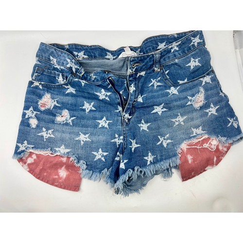 No Boundaries America Red White Blue Star Pattern Cut Off Denim Shorts Size 13