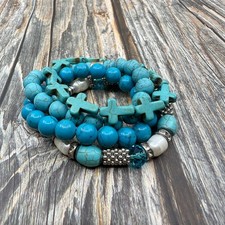 Turquoise Cross Bead 4pc Stretch Bracelet Set Faux Pearl Look Boho Western Gift