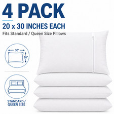 4 Pack Waterproof Pillow Protectors Zippered Standard Queen 20x30 White