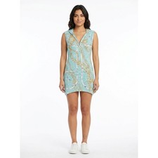 Paris Q Made in USA Blue Gold Hooded Chain Print Mini Dress Women Size S