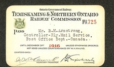 Temiskaming & Northern Ontario Railway - Railroad Annual Pass - 1916