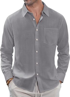Linen Button Down Shirt for Men - Summer Casual Long Sleeve with Chest Pocket