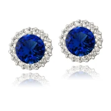 925 Silver 3.2ct Lab Created Blue Sapphire & CZ Halo Stud Earrings