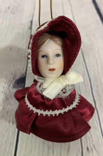 Red Xmas Tree Ornament Doll Figure Victorian-Style VTG Porcelain Bust Face - Picture 1 of 8