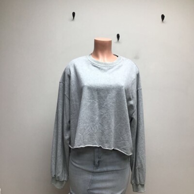 Bayse Womens Cropped Raw Hem Sweater Gray Heathered Crew Neck Pullover L New