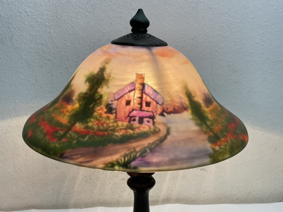 Antique Reserve Hand Painted Glass Shade Table Lamp ~ The House