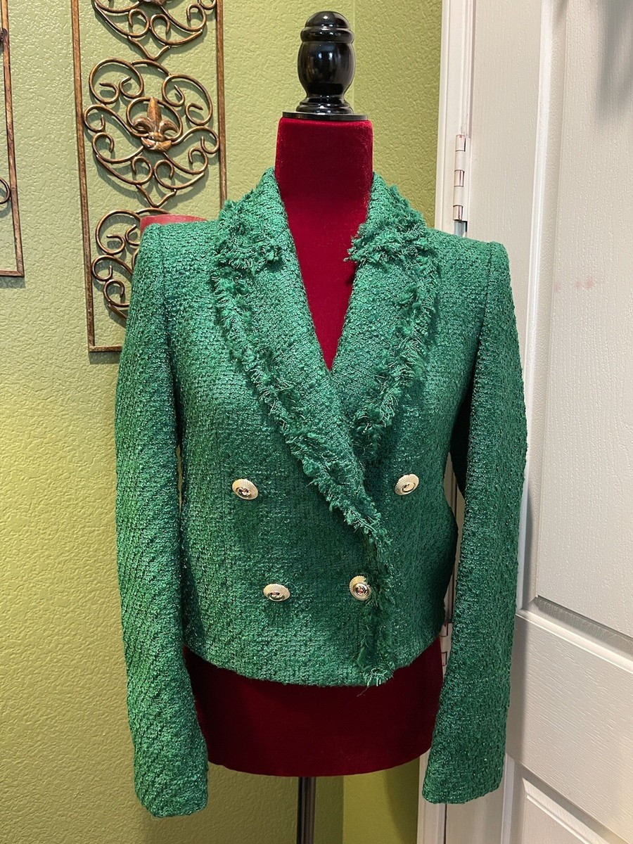 100% Authentic ZARA Green Double Breasted Frayed Cropped Blazer - Main Image