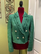 100 Authentic ZARA Green Double Breasted Frayed Cropped Blazer Size: XS