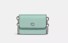 Coach Faded Blue Leather Half Flap Card Case Wallet On A Chain NEW  