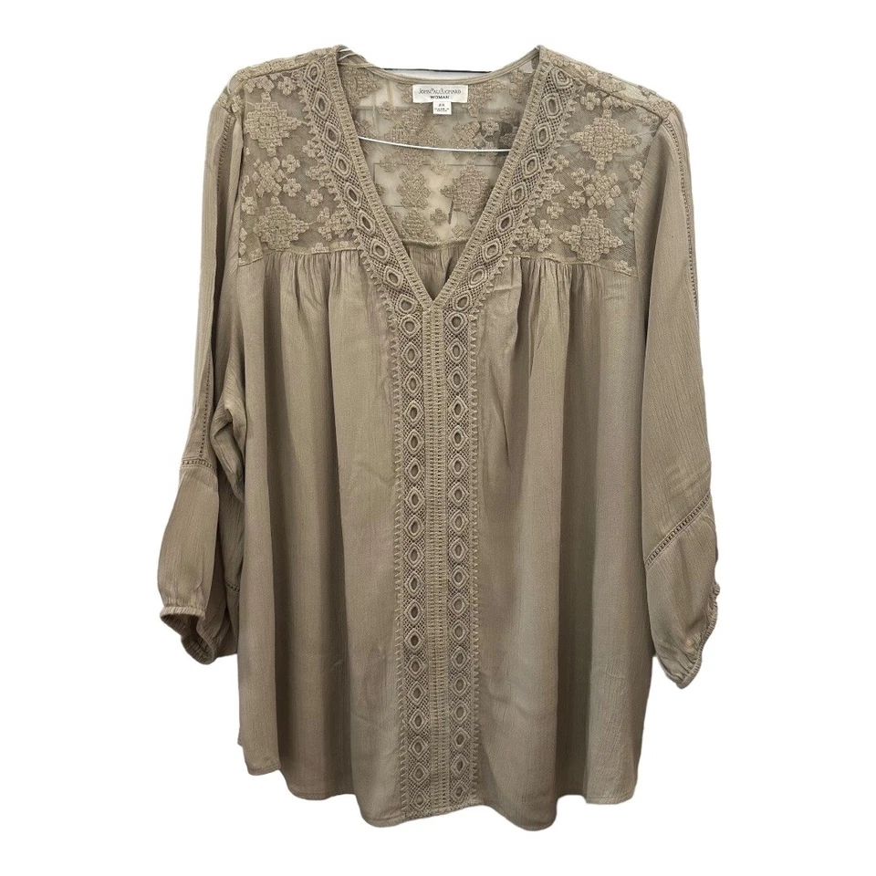 Blusa túnica adornada con ganchillo/encaje beige talla 2X de John Paulrichard para mujer Foto 2 de 4