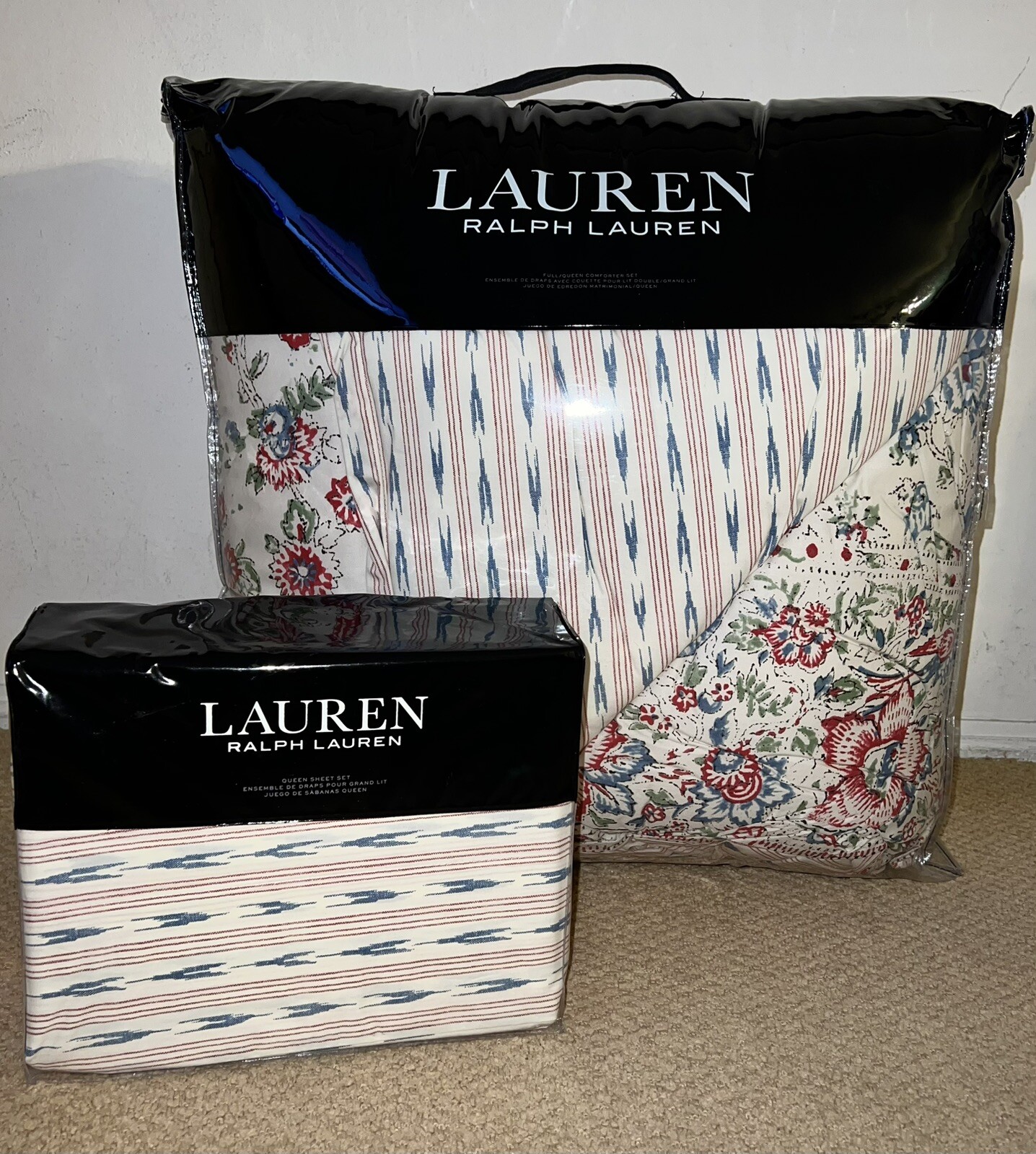 Ralph Lauren Lucie Floral Stripe Queen Comforter Shams + Sheet Set 7 PC