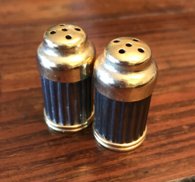 Unusual Vintage Metal Salt & Pepper Shakers Silver And Gold 1 1/2 