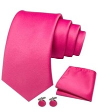 Solid Color Tie and Pocket Square with Cufflinks Set for Men Hot Pink