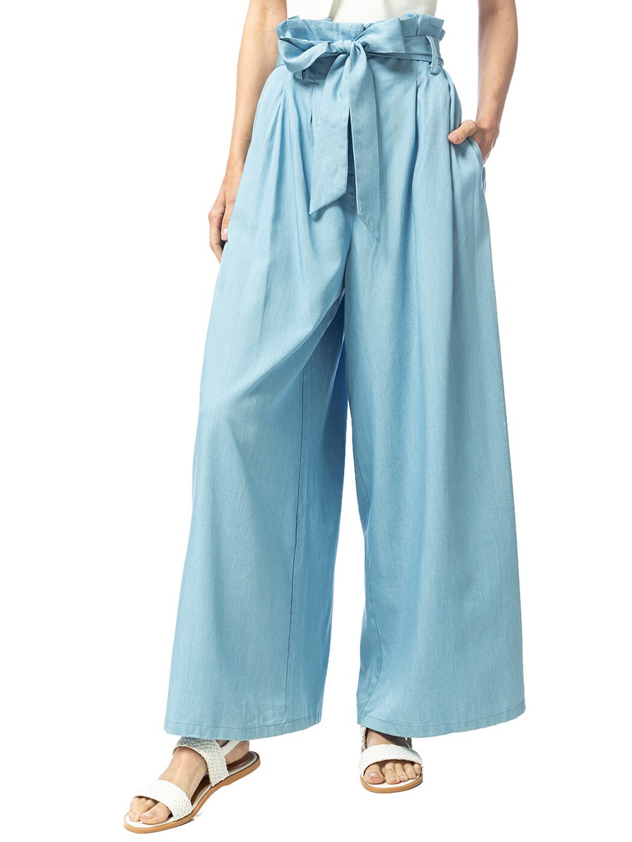 Solid Chambray Wide Leg Palazzo Elastic Waistband Tie Denim Jeans