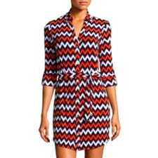 Michael Kors Orange/black/white Chevron roll tab sleeve belted shirt dress, sz 4
