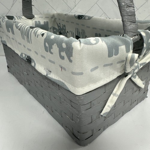 Multi Elephant Print Gray White Woven Basket Handle Storage Organize Nursery - Picture 9 of 11