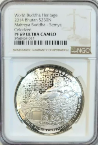 2014 BHUTAN SILVER 250 NGULTRUM MAITREYA BUDDHA SERNYA NGC PF 69 ULTRA CAMEO