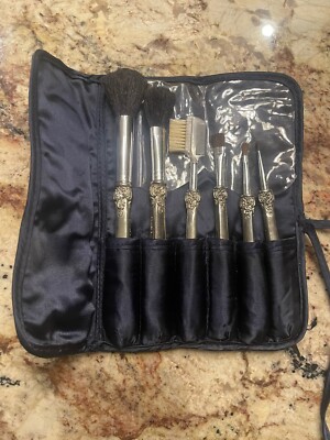 Godinger Silver Plate MakeUp Brush Set Vintage Black Roll Up Case