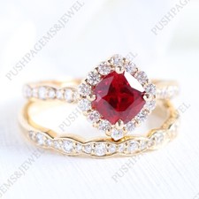 925 Sterling Silver 8x8 mm Cushion Cut Natural garnet Ring Set Cubic Zirconia