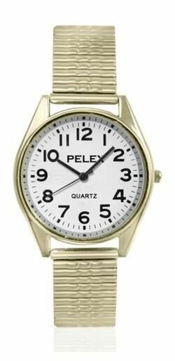 Gents Watch, Gold Expander Bracelet White Easy Read Dial Pelex PLX-028