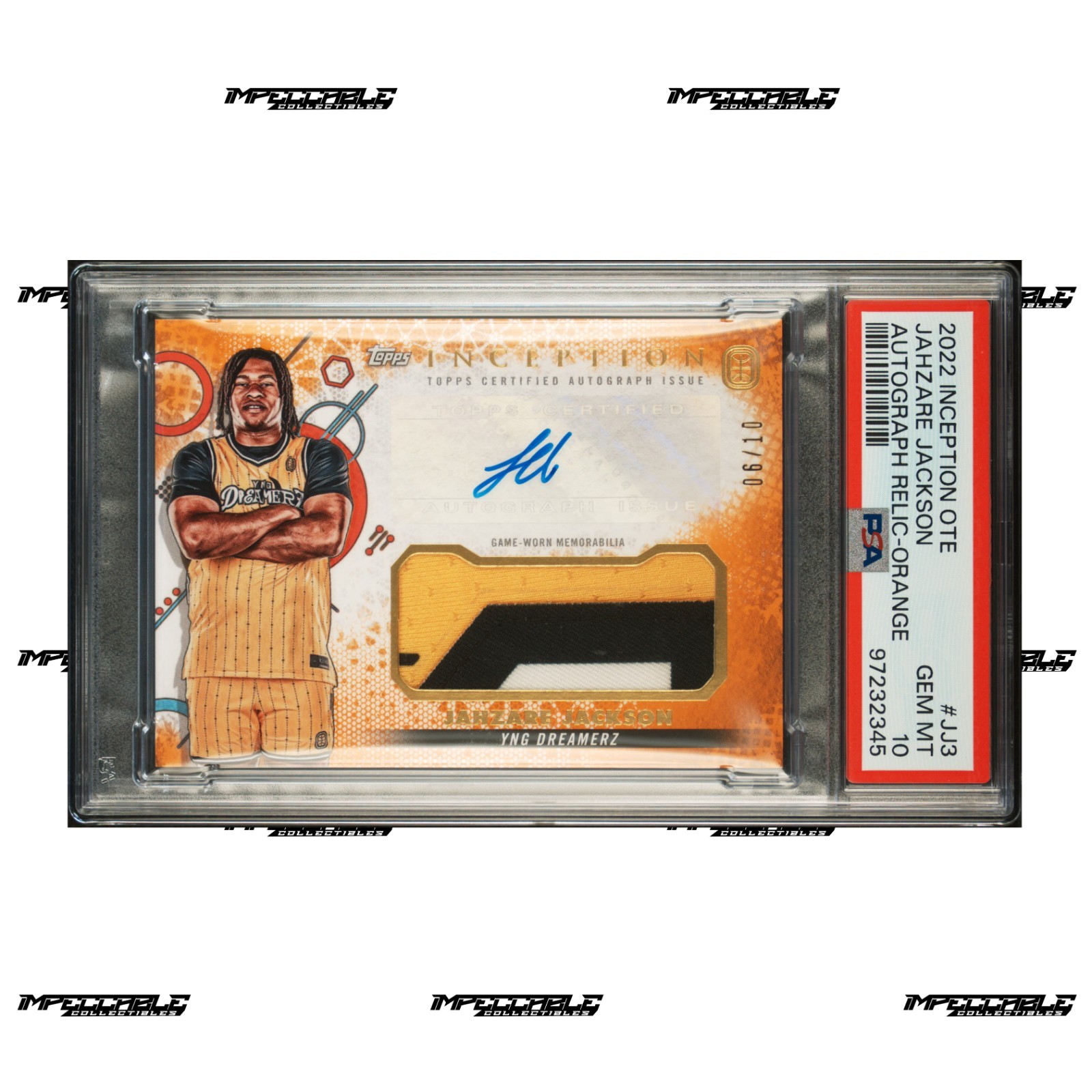 2022 Topps Inception OTE - Orange #JJ3 Jah Jackson Rookie Patch Auto /10 PSA 10