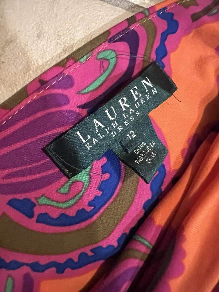 Ralph Lauren Orange Pink Paisley Faux Wrap Sleeveless Sheath Dress Size 12 - Image 2 of 4