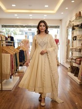 New Designer Cream Coss Moss Anarkali Suit With Dupatta For Wedding Wear