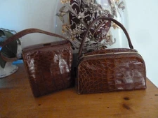 lot de 2 sacs à main anciens 1930/1940 cuir croco cognac en très bel état