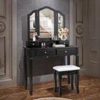 Bedroom Tri Folding Mirror Vanity Makeup Table Stool Set Black