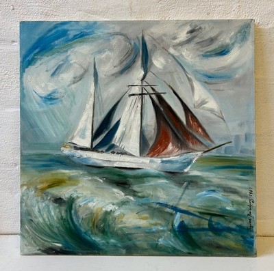 Ölbild Ingelore Kreienborg Maritim 1987 Segelboot auf dem Meer Wind 70 x 70 cm