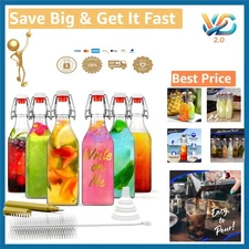 6 Pack Clear Glass Flip Top Bottles 8.5 Oz Square Airtight Reusable New