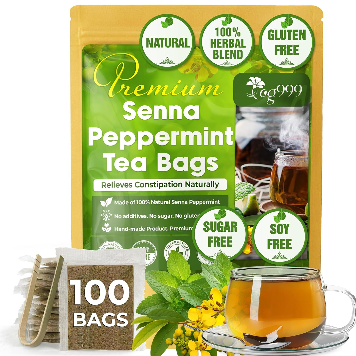 Senna Peppermint Licorice Fennel Detox Herbal Tea Vegan, 100 Tea Bags