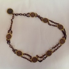 Vintage 1920's Art Deco Celluloid Belt Asian Plaque Marbled Chain Filigree Tan