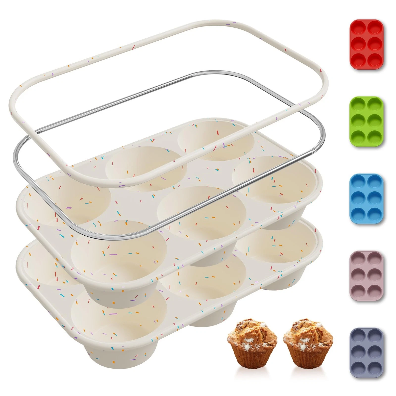 2 Pack 6 Cups Silicone Mini Muffin Pan with Metal Reinforced Frame Silicone M...
