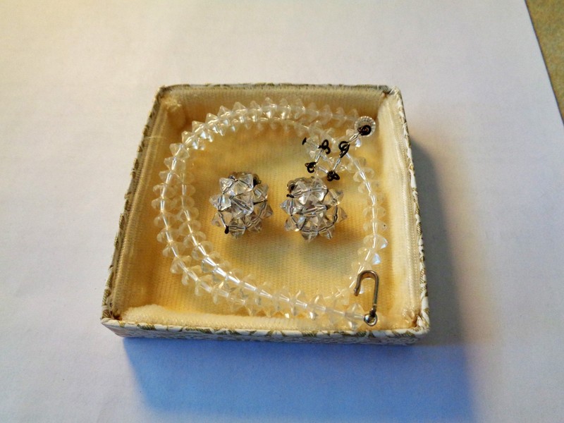 Vintage Possibly Czech Glass Crystal Necklace & Clip On Earrings Set, Unsigned
