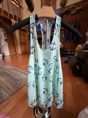 Women/Teen Blue/White Anchor Nautical Print Racerback Tank Top Lightweight XS
