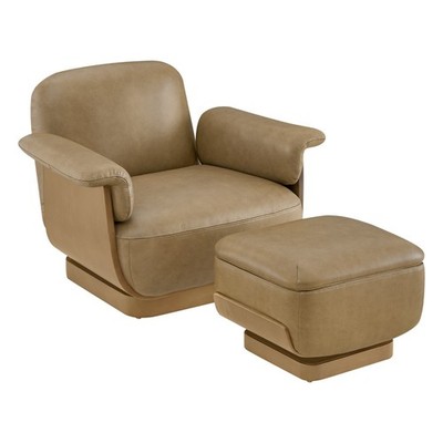 CHITA Genuine Leather Swivel Accent Chair w/ Storage Ottoman,Lounge Seat