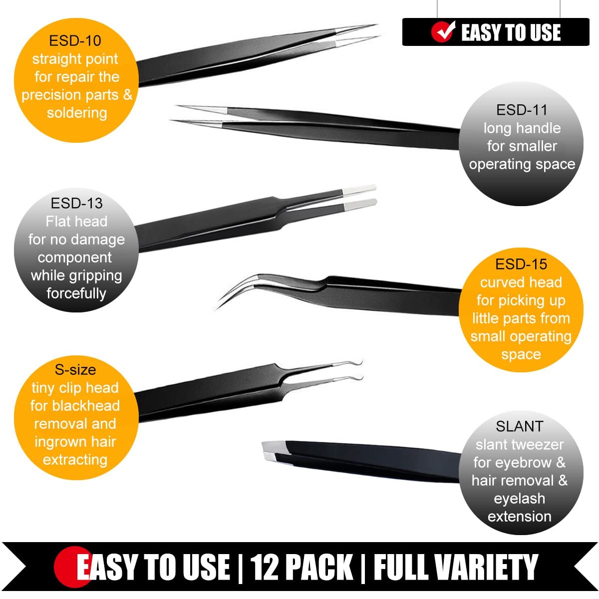 Antonki 12 Pack Precision Tweezers Set for Craft, Soldering, Jewelry, Facial ...