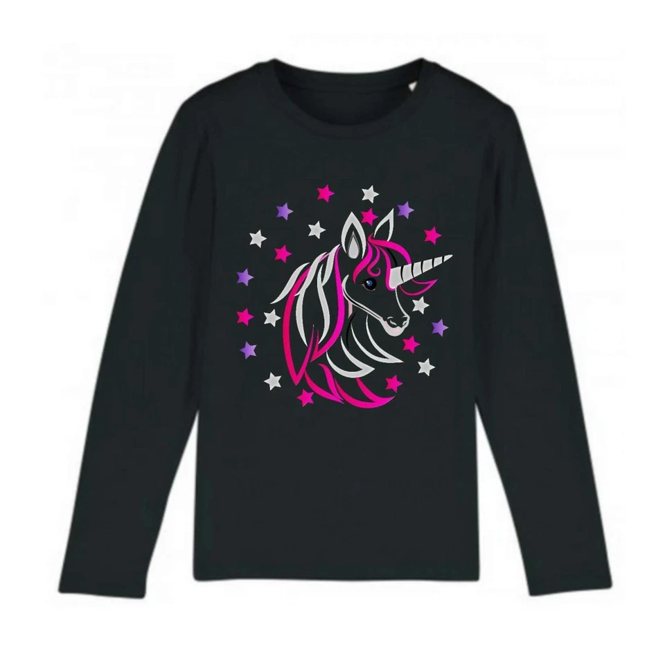 Tee shirt manches longues enfant fille Licorne noir - Photo 1/1