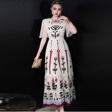 Occident Women's Round Neck Floral Embroidery Short Flare Sleeve Mesh Long Dress