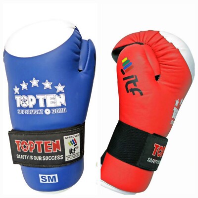 TOPTEN SUPERFIGHT RED or Blue Glove LEATHER ITF TAEKWONDO SAFETY SPARRING GLOVES